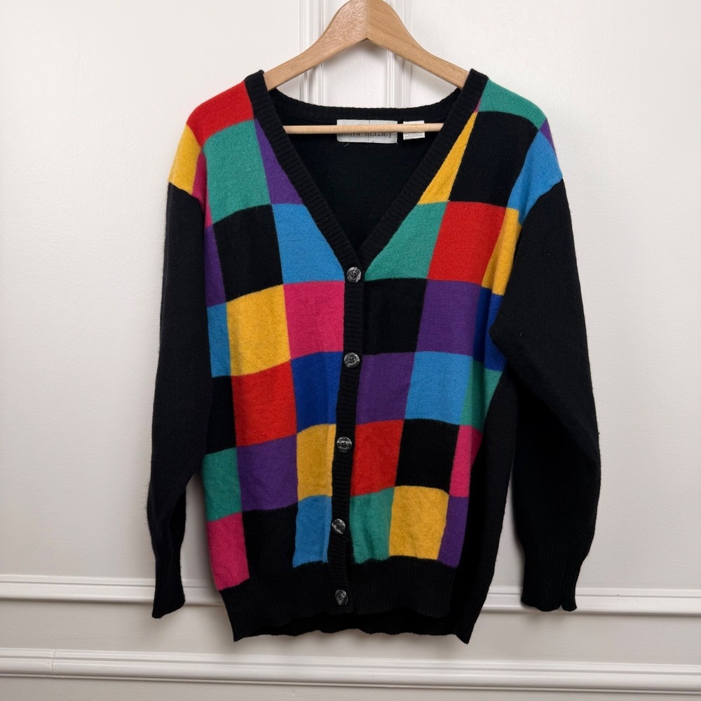 Kerri Kelsey‎ Vintage Rainbow Checkerboard Lambswool Angora Cardigan Sweater